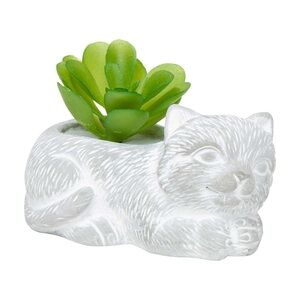 Faux Floral Cat Planter - Green and White